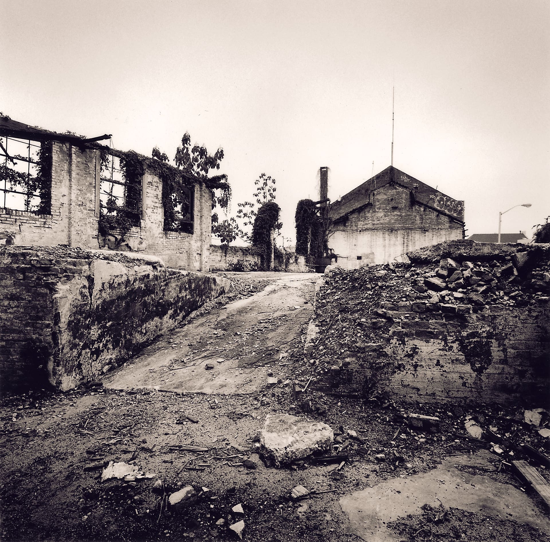 Rubble-filled lot with a dirt ramp between broken concrete walls, roofless ivy-grown factory shell and gabled warehouse beyond