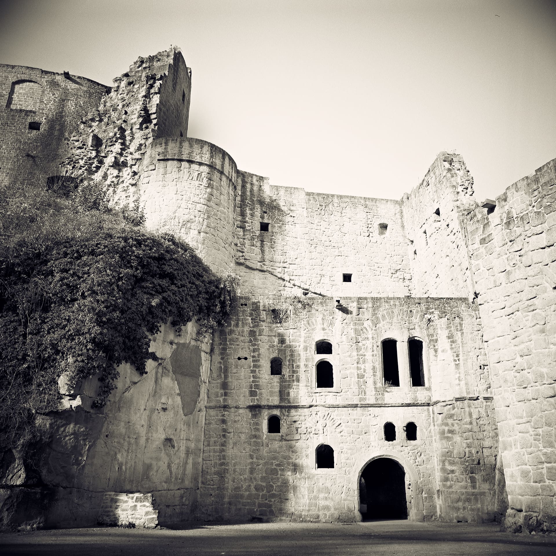 Sunlit sandstone castle keep with arched windows, broken tower above and ivy spilling over a lower wall
