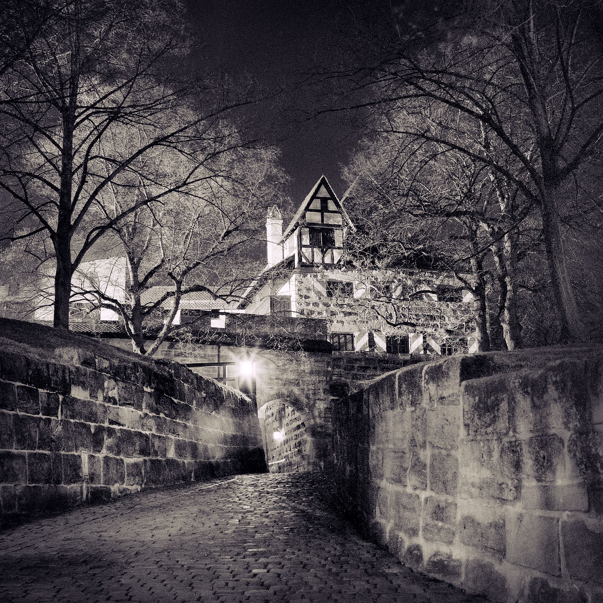 Cobbled ramp between massive sandstone walls at night, half-timbered gabled house and bare trees lit above