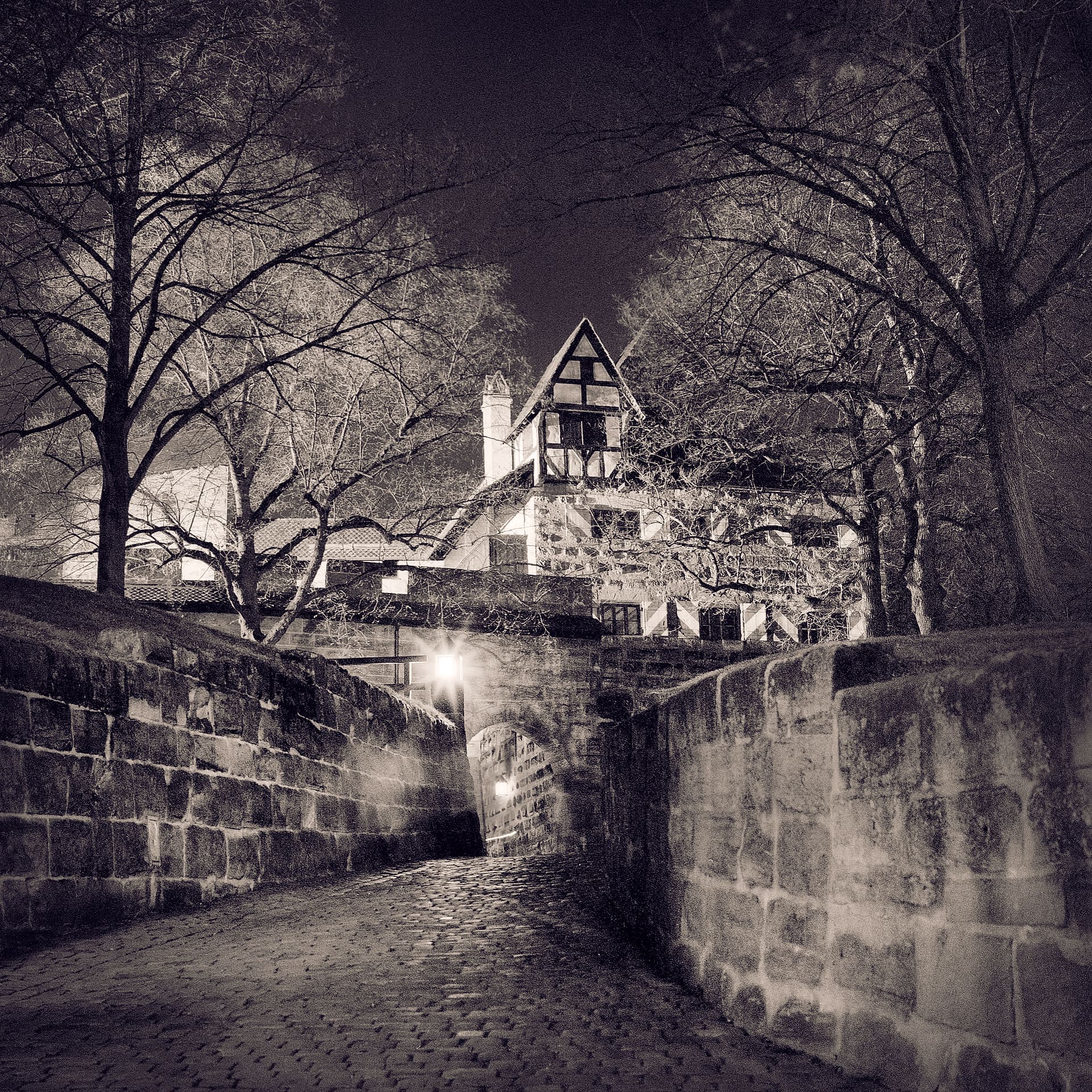 Cobbled ramp between massive sandstone walls at night, half-timbered gabled house and bare trees lit above