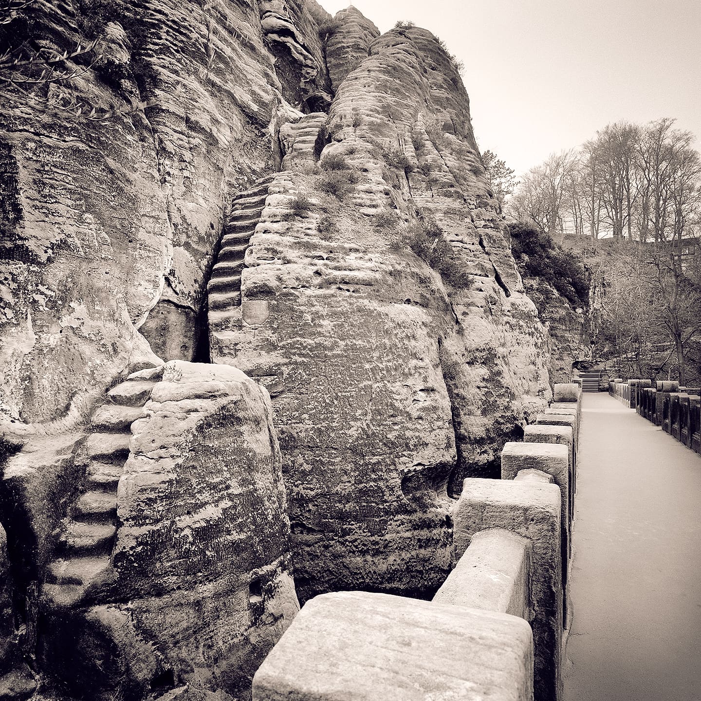 Steps cut into a layered sandstone outcrop beside a walled walkway curving away toward bare winter trees